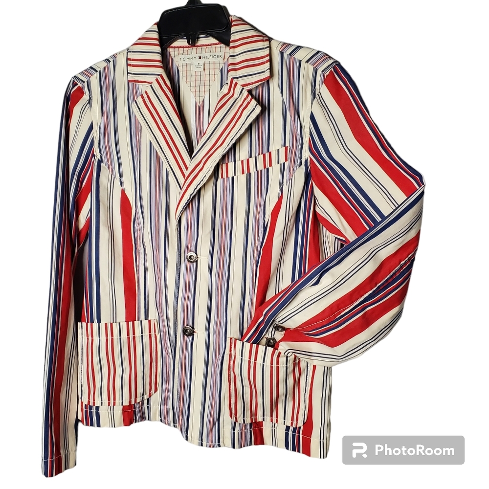 Y2k Tommy Hilfiger Red White Blue Stripe‎ Blazer Jacket 100% cotton 2004 size 6